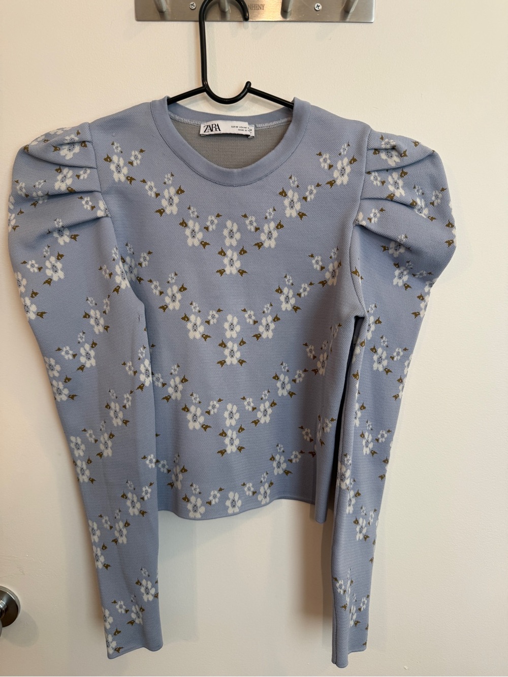 Zara Powder Blue Floral Puff-Sleeve Sweatshirt